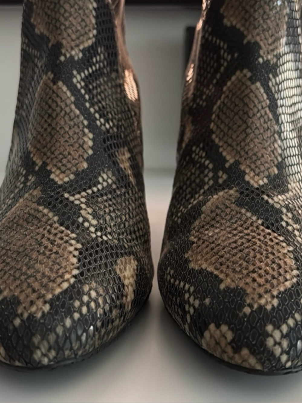 Stuart Weitzman Tan and Black Leather Snake-Print Block Heel Ankle Boots - Picture 4 of 8